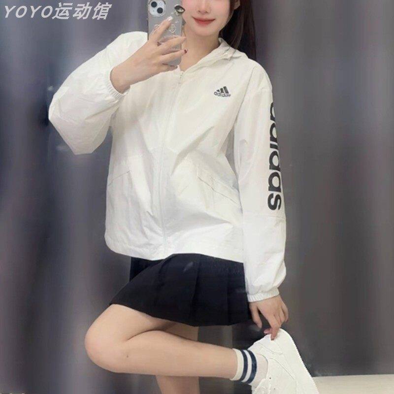 阿迪达斯正品外套女春季梭织防风运动服连帽宽松休闲夹克GL0647