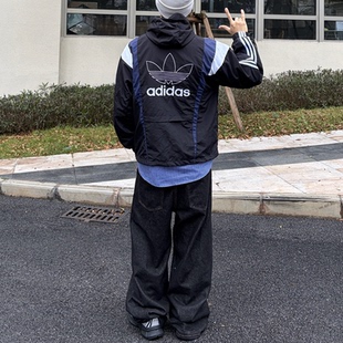 阿迪达斯三叶草男女复古拼色条纹连帽宽松梭织运动夹克外套KS3552