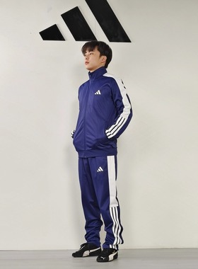 阿迪达斯男运动套装经典三条纹立领夹克休闲外套长裤两件套KC6985
