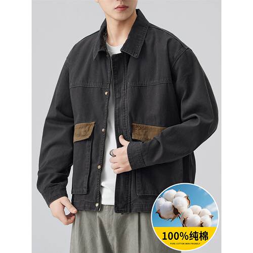 撞色纯棉翻领工装牛仔外