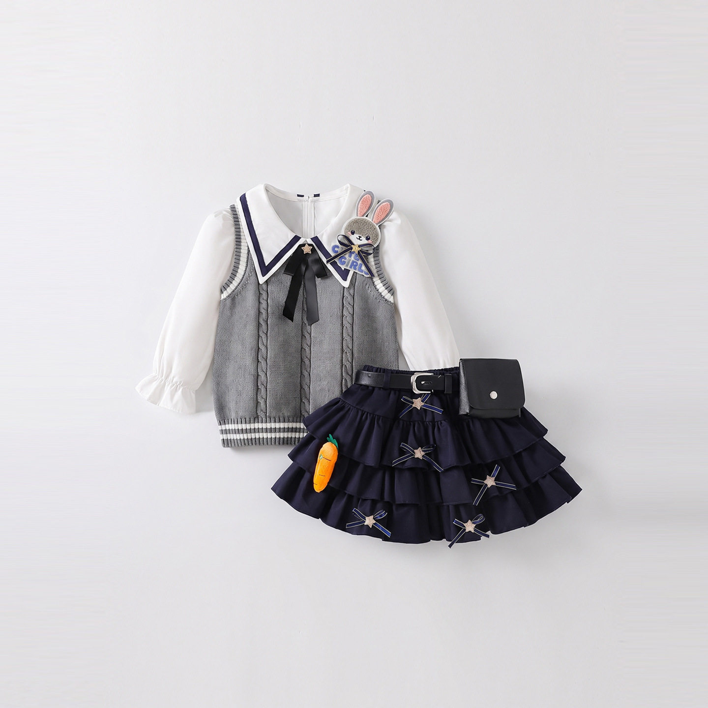 女童秋季新款背心毛衣三件套装jk学院风兔子警官儿童裙子生日衣服