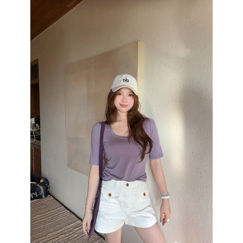 TMH莱赛尔亚麻大圆领中袖T恤女