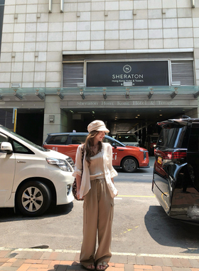 TMHSTUDIO 法式慵懒莱赛尔亚麻工装裤子女夏双口袋直筒休闲长裤