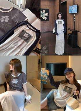 TMHSTUDIO【现货】莱赛尔插肩袖长短袖T恤女夏宽松复古印花撞色衣