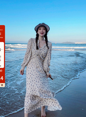 【周年庆】 南法假日/碎花连衣裙女长袖中长款休闲法式桔梗茶歇裙