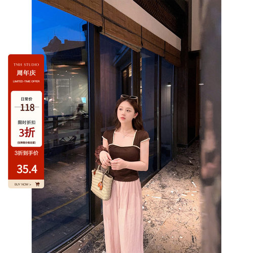 【周年庆】邻家妹妹 方领碎花花边短袖t恤女修身小上衣