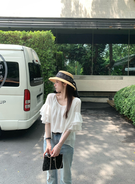 TMHSTUDIO【现货】水溶蕾丝短款蛋糕袖衬衫女夏甜美温柔减龄上衣