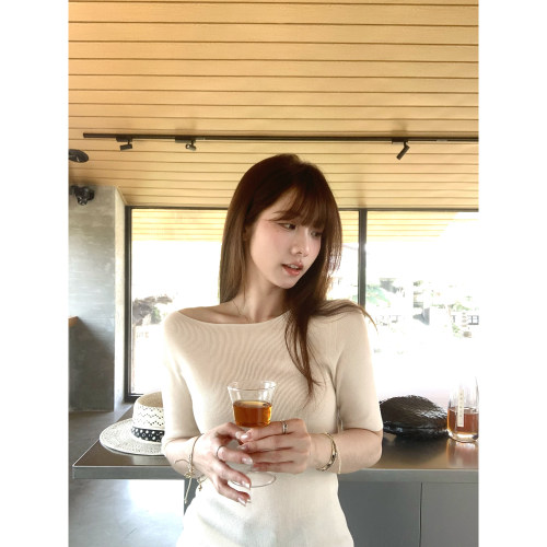 TMH无缝一体一字领短袖针织T恤女