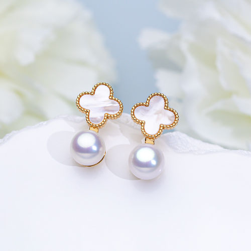 S925银幸运草无核珍珠耳钉