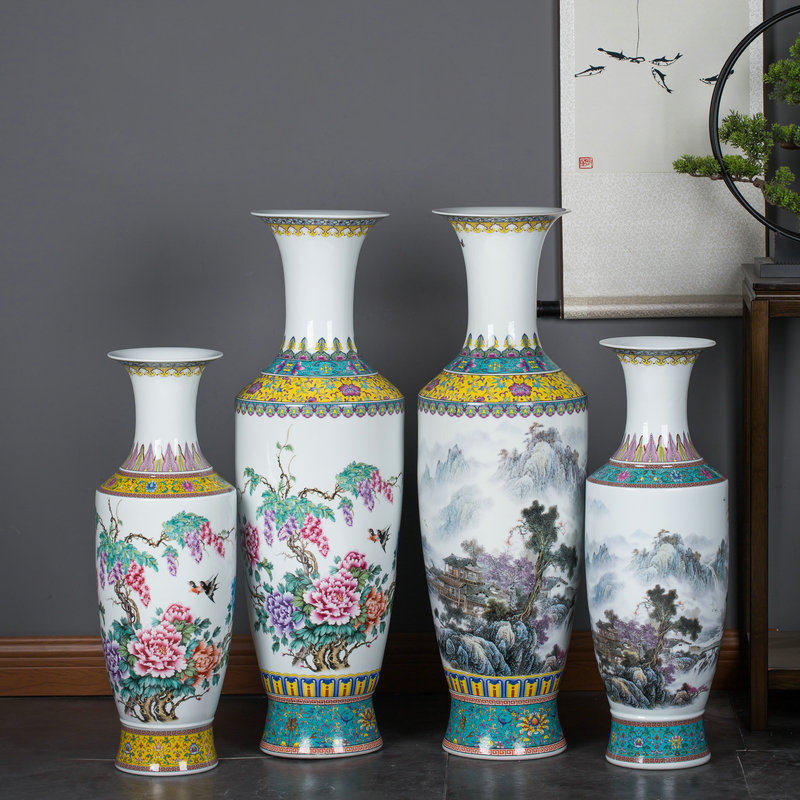 景德镇陶瓷落地大号花瓶插花摆件客厅中式山水花鸟玄关瘦长博古架