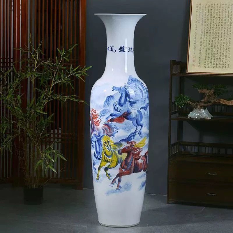 景德镇陶瓷器落地大花瓶手绘马八骏全图青花瓷酒店摆件客厅装饰品