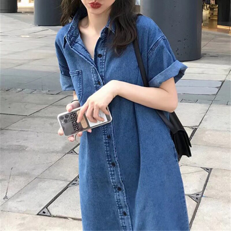 韩版短袖宽松大码牛仔衬衫裙女中连衣裙