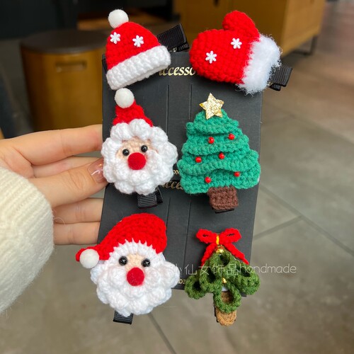 手工钩织毛线发夹可爱圣诞老人发卡儿童头饰刘海夹圣诞节发饰