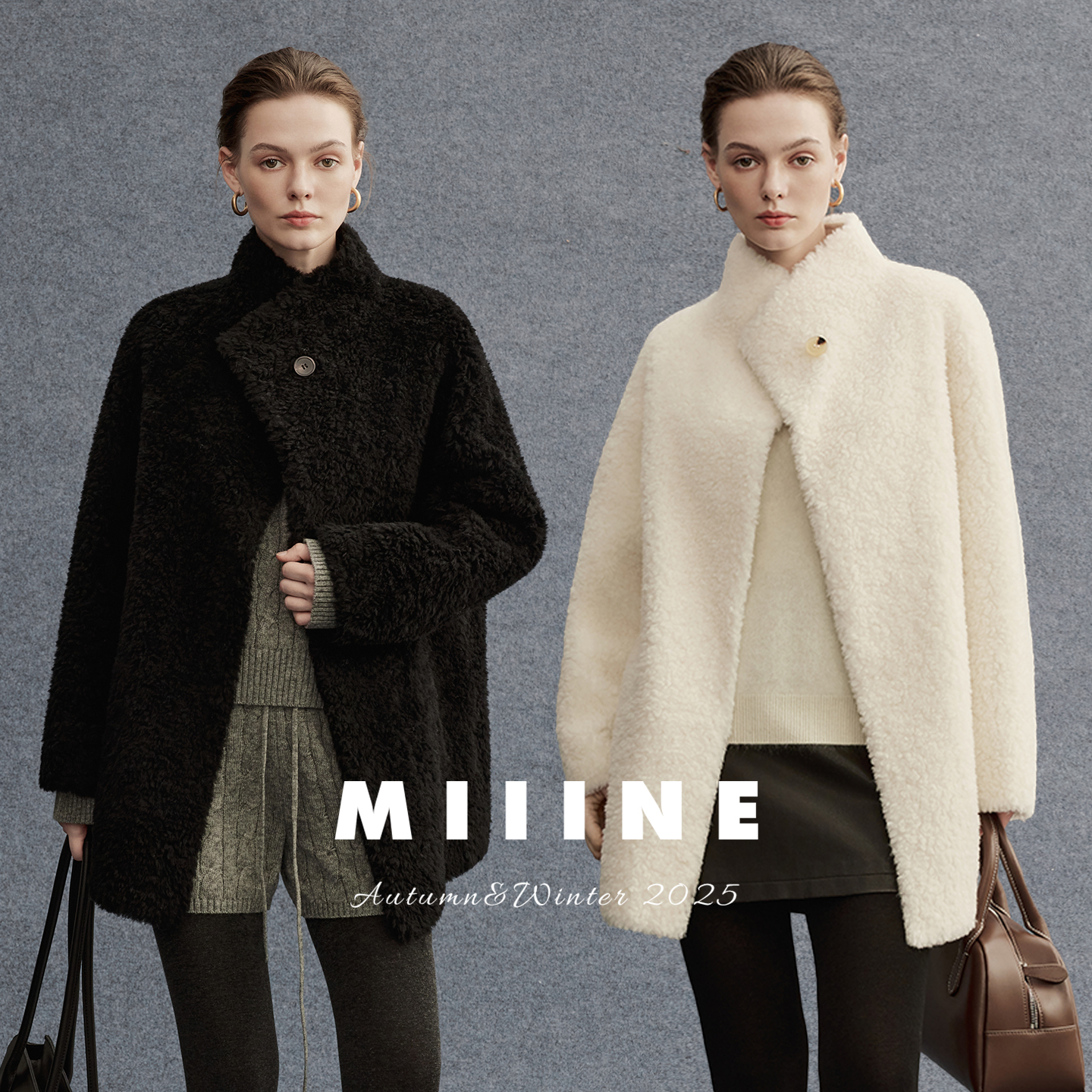 Miiine皮毛一体羊毛短大衣 立领宽松廓形静奢风秋冬日常外套女