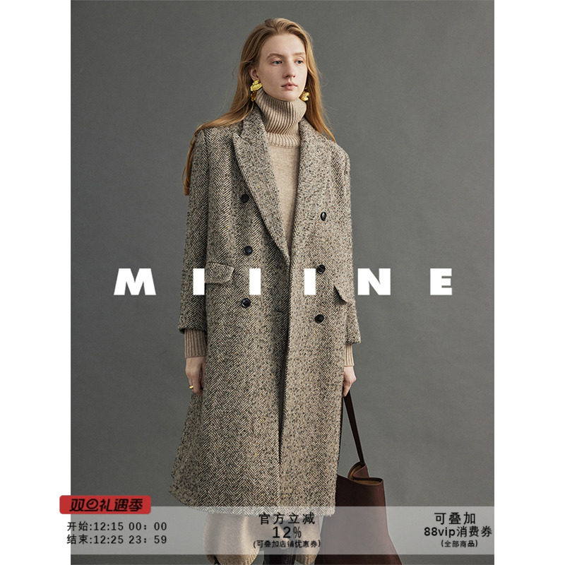 Miiine羊毛长款毛呢大衣人字纹