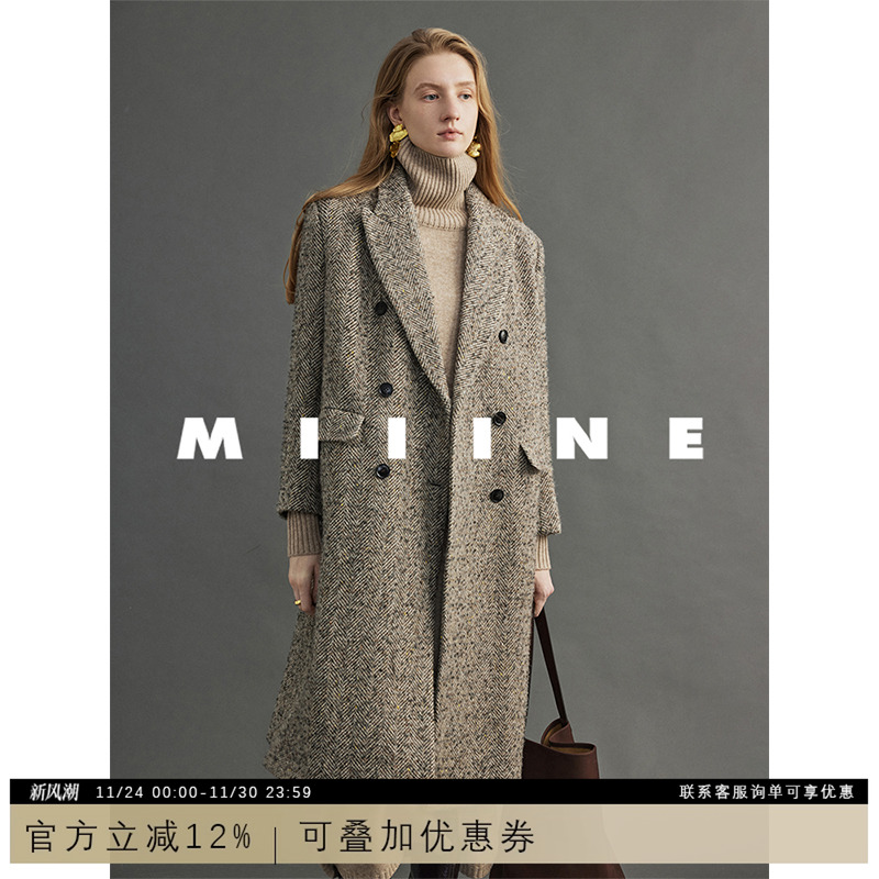 Miiine羊毛长款毛呢大衣人字纹