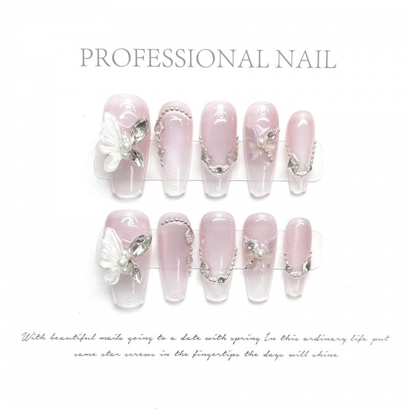 纯手工蝴蝶穿戴甲端光疗气质显白美甲可拆卸成品假指甲贴玉蝶