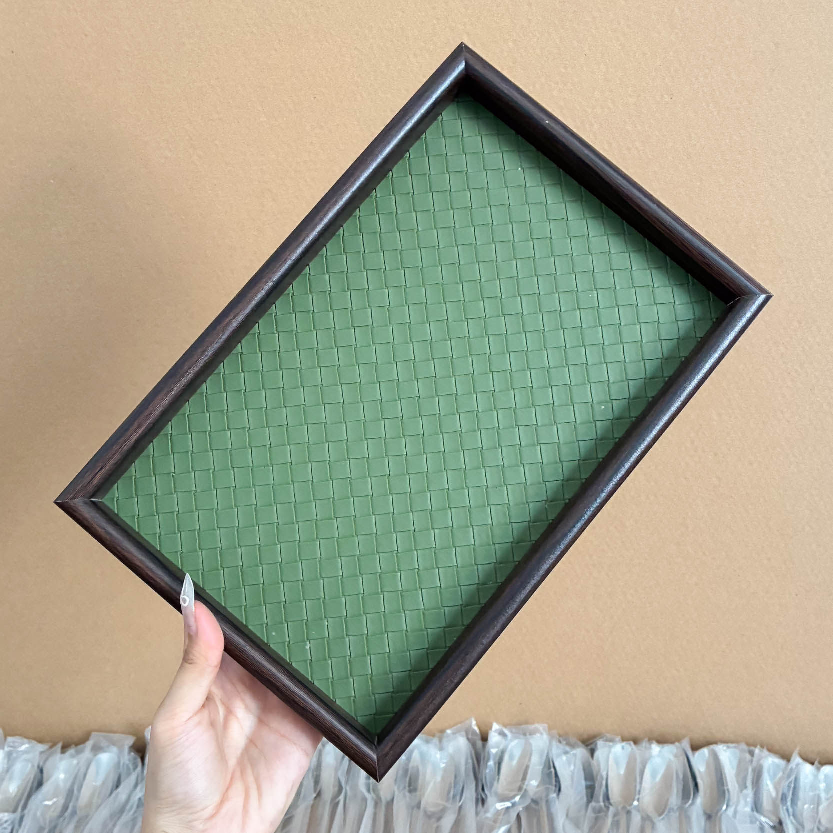 轻奢风编织皮质托盘长方形装饰果盘子玄关首饰品收纳桌面托盘摆件