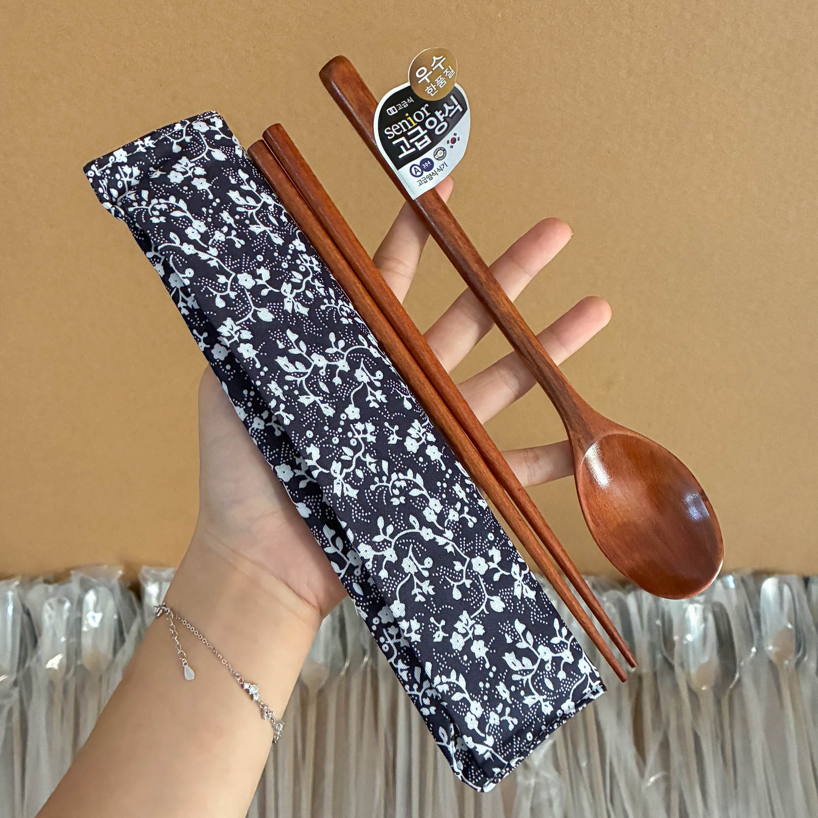 韩式便携餐具套装木质筷子勺子两件套学生儿童上班族户外旅行收纳