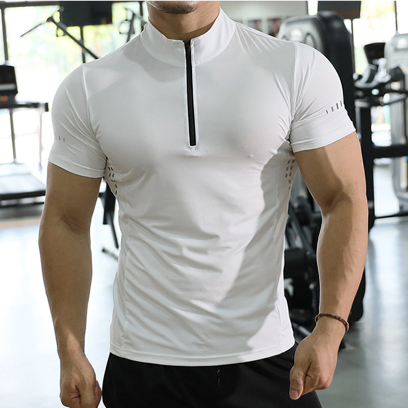 撸铁健身服男款半拉链立领运动T恤速干衣弹力透气短袖肌肉训练夏