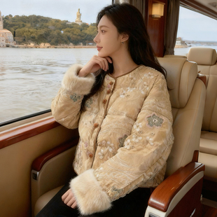 重工钉珠刺绣+水貂毛袖口~新中式羽绒服国风外套女冬季90白鹅绒服