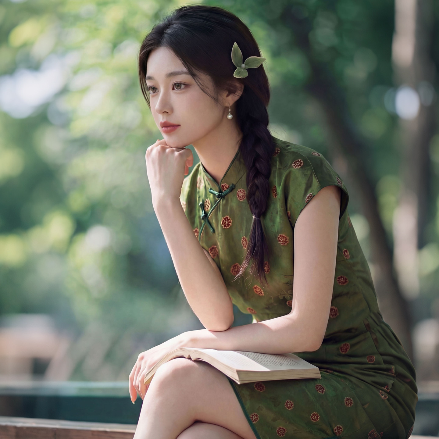 年轻款绿色真丝香云纱新中式连衣旗袍