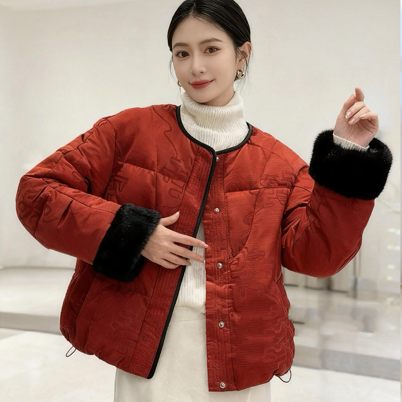 水貂毛袖口~红色新中式90白鹅羽绒服
