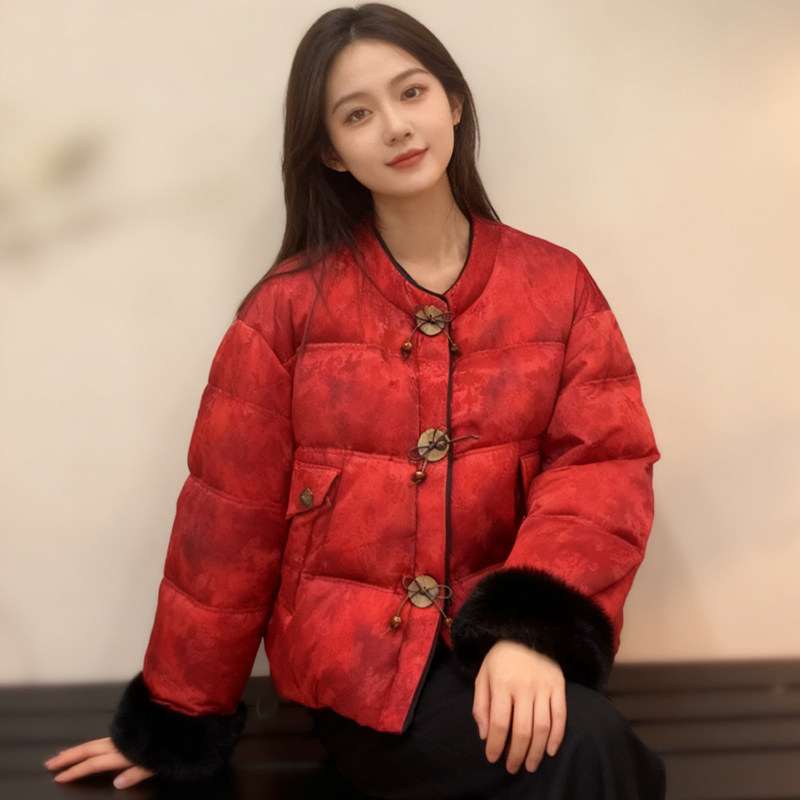 水貂毛袖口+吉祥中国红~新中式短款羽绒服外套女冬国风90白鹅绒服