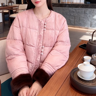 钉珠+水貂毛袖口~新中式90白鹅绒服女冬短款国风外套香云纱羽绒服