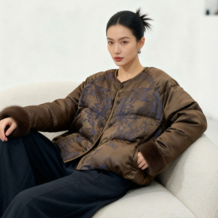 水貂毛袖口~ 新中式羽绒服女冬季圆领短款国风棉服外套90白鹅绒服