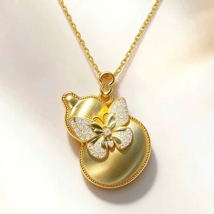 18k 金拉丝蝴蝶结葫芦吊坠满钻项链女款黄金气质简约批发定制爆款