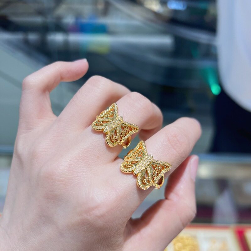 蜡电18K金镂空花丝蝴蝶戒au750黄金轻奢满钻蝴蝶戒指工厂直供批发