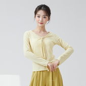 芭蕾风V领长袖 扭结形体服亚麻系带上衣 舞蹈服女现代舞练功服修身