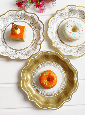 Disposable Floral Paper Plates 欧式一次性餐盘蛋糕盘子 金色