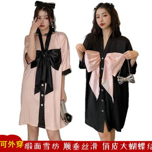 耀婷冰雪丝缎面雪纺黑色睡衣女夏季可爱大蝴蝶结睡裙开衫宽松大码