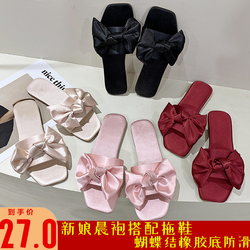 新娘晨袍搭配拖鞋冰丝结婚红色一对蝴蝶结婚鞋新婚大码女伴娘婚礼