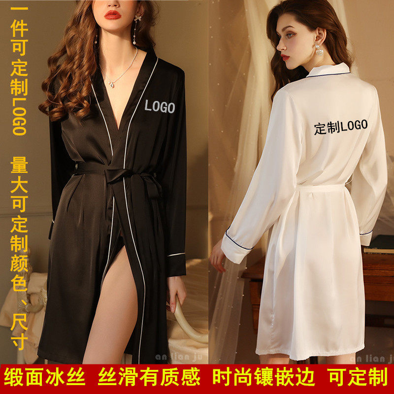 时尚镶嵌边冰丝长袖黑色性感睡袍