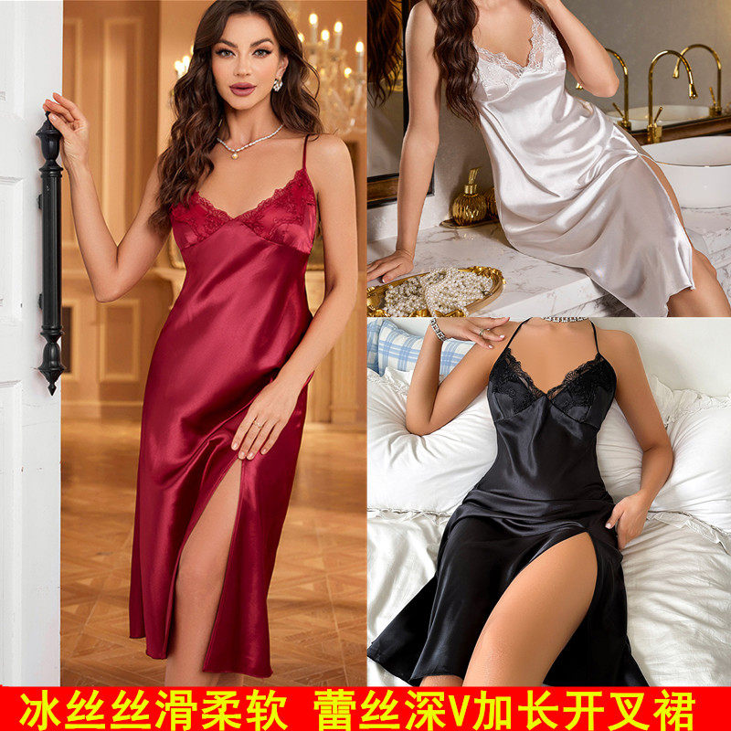 冰丝吊带睡裙性感蕾丝开叉连衣裙