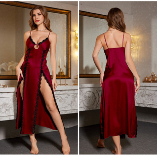 冰丝超长吊带睡裙性感双开叉镂空黑色蕾丝边夏季女式加长款连衣裙