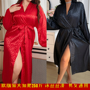 冰丝睡袍豹纹提花黑色性感夏男女通用加大加肥200斤长袖情侣浴袍