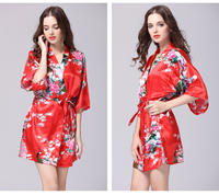 Peacock print faux silk bathrobe for women, Japanese style, extended bathrobe, retro cherry blossom beauty salon cardigan, yukata thumbnail 2