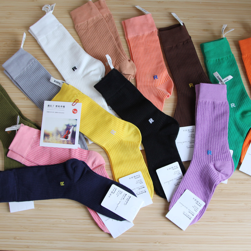 【满五双包邮】举举家韩国女袜纯色竖条纹字母R长腰中筒百搭