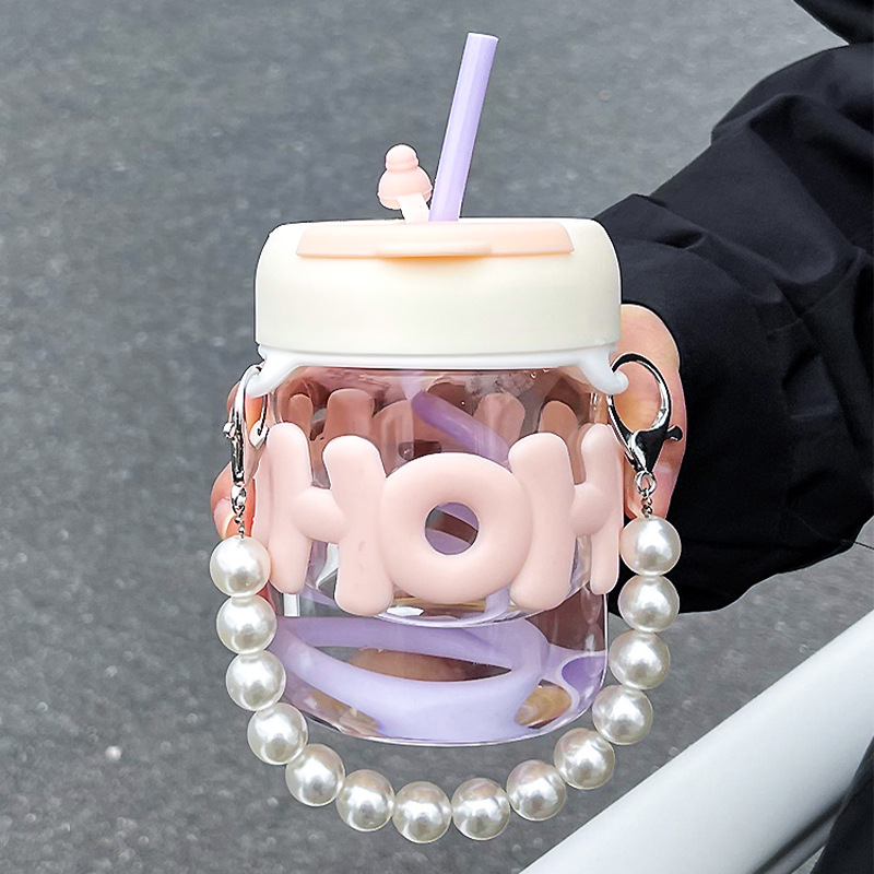 可爱字母双饮玻璃水杯女生珍珠