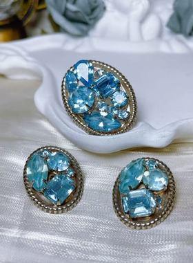 【BW中古】中古Weiss无标耳夹胸针套装，海蓝色宝石