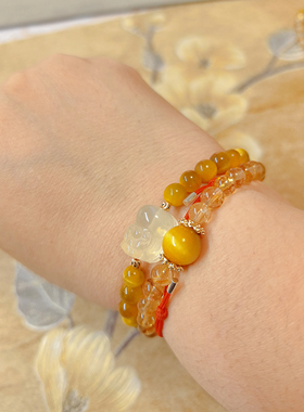 【BW宝石】黄阿塞水晶配金黄色猫眼石双圈手串