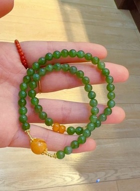 【BW宝石】天然和田碧玉两圈手串，搭配老花蜡圆珠，料子细腻