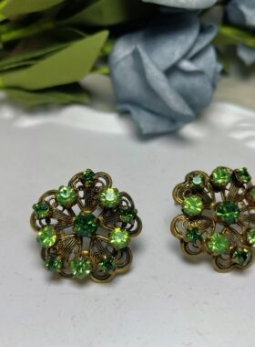 【BW中古】西德打标掐丝绿色莱茵石耳夹