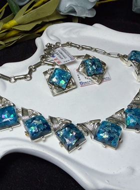 【BW中古】coro打标海蓝色插片琉璃耳夹项链套装