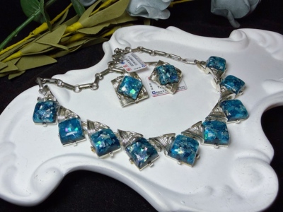 【BW中古】coro打标海蓝色插片琉璃耳夹项链套装