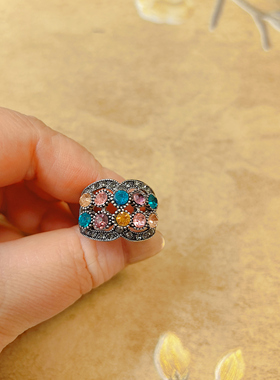 【BW中古】老银镶彩色碎钻款戒指，19-20戒围